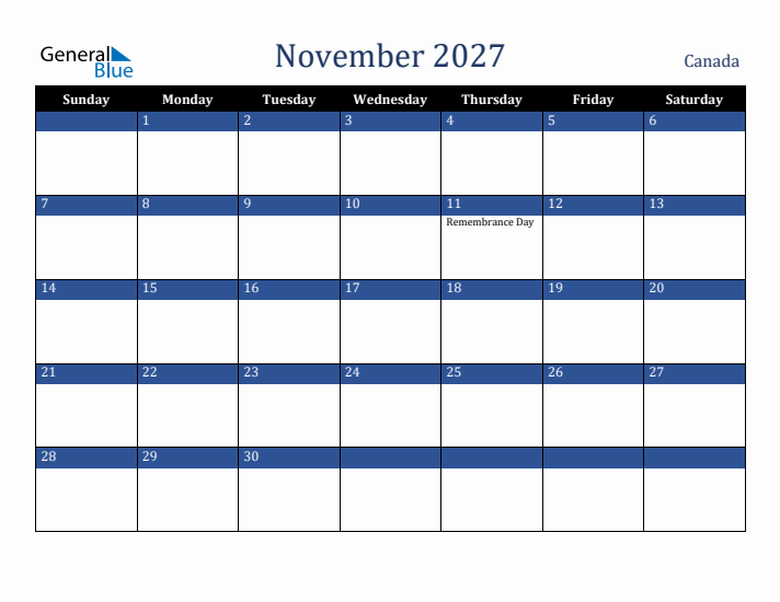 November 2027 Canada Calendar (Sunday Start)