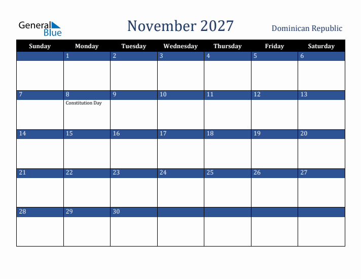 November 2027 Dominican Republic Calendar (Sunday Start)