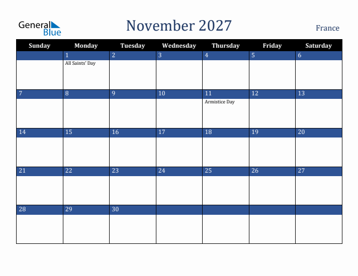 November 2027 France Calendar (Sunday Start)