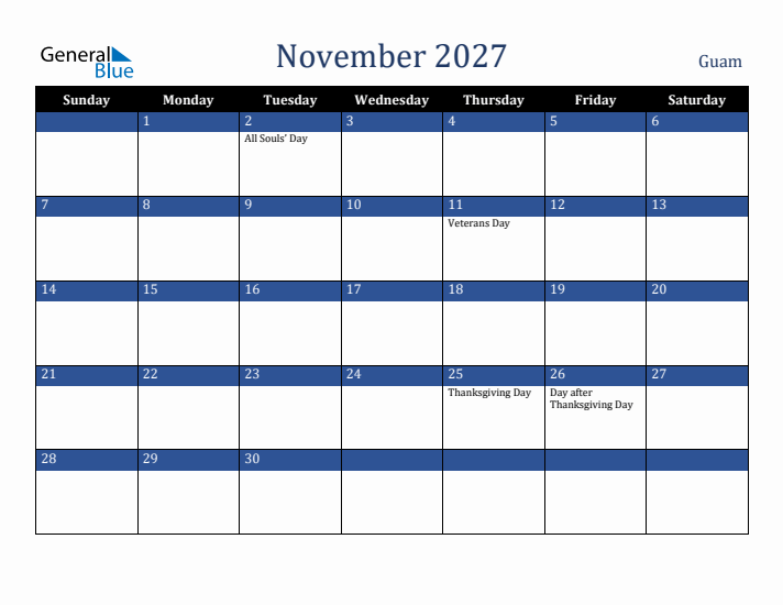 November 2027 Guam Calendar (Sunday Start)