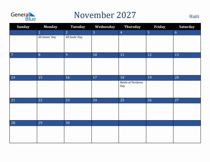 November 2027 Haiti Calendar (Sunday Start)