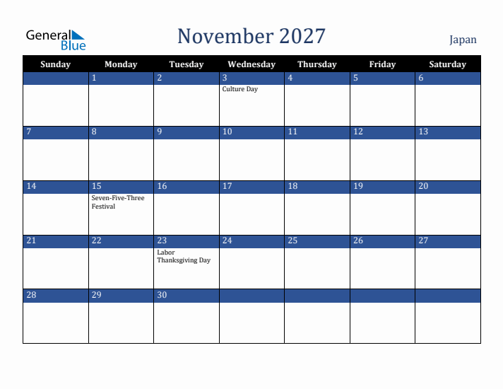 November 2027 Japan Calendar (Sunday Start)