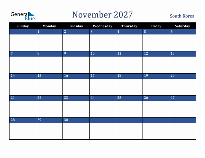 November 2027 South Korea Calendar (Sunday Start)