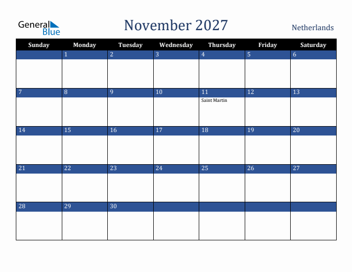 November 2027 The Netherlands Calendar (Sunday Start)