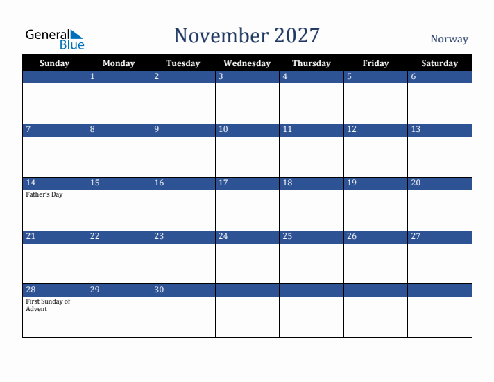 November 2027 Norway Calendar (Sunday Start)