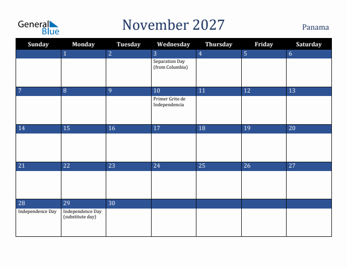 November 2027 Panama Calendar (Sunday Start)