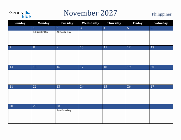 November 2027 Philippines Calendar (Sunday Start)