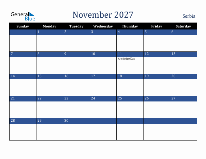November 2027 Serbia Calendar (Sunday Start)