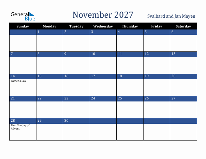 November 2027 Svalbard and Jan Mayen Calendar (Sunday Start)