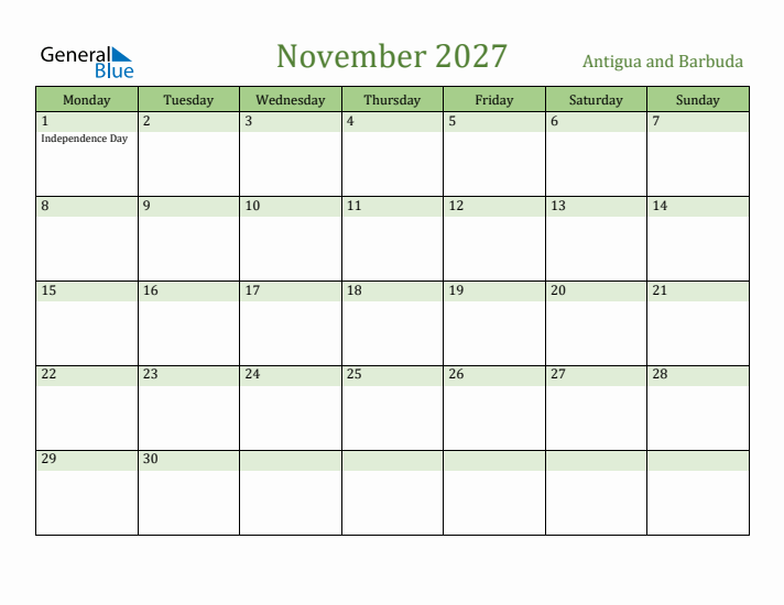 November 2027 Calendar with Antigua and Barbuda Holidays