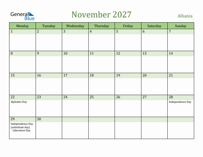 November 2027 Calendar with Albania Holidays