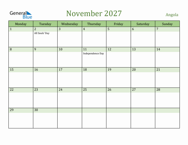 November 2027 Calendar with Angola Holidays