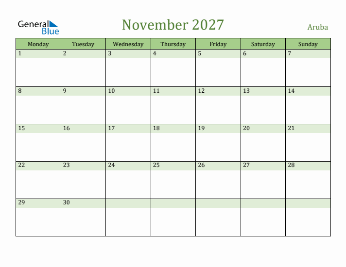 November 2027 Calendar with Aruba Holidays