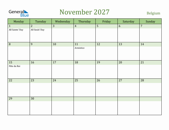 November 2027 Calendar with Belgium Holidays