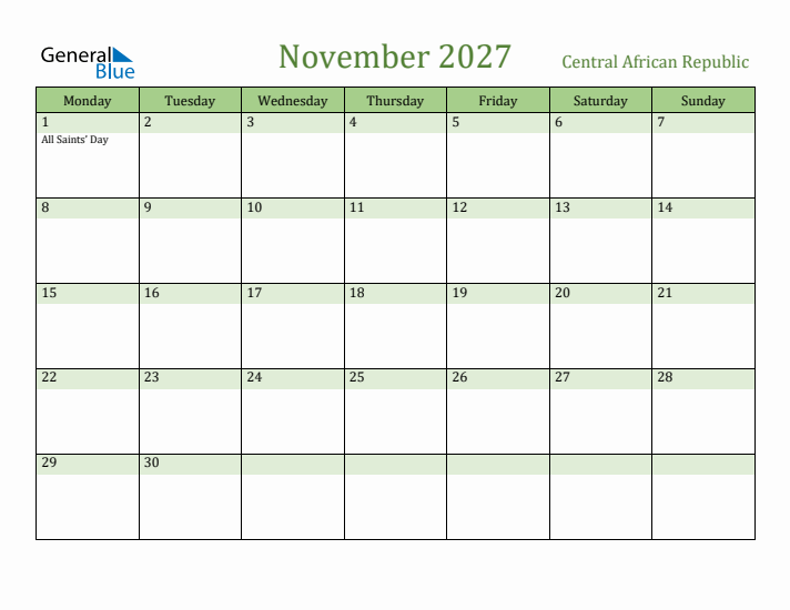 November 2027 Calendar with Central African Republic Holidays