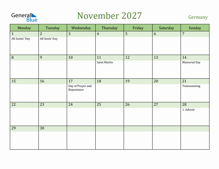 November 2027 Calendar with Germany Holidays