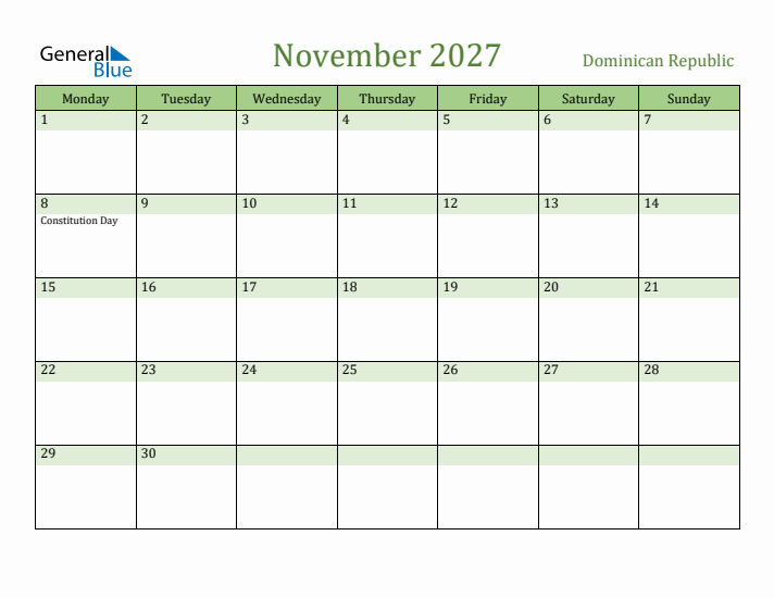 November 2027 Calendar with Dominican Republic Holidays