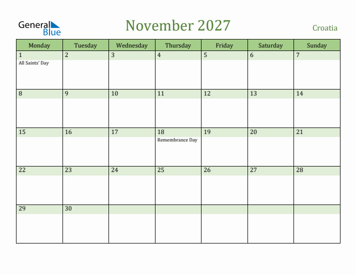 November 2027 Calendar with Croatia Holidays