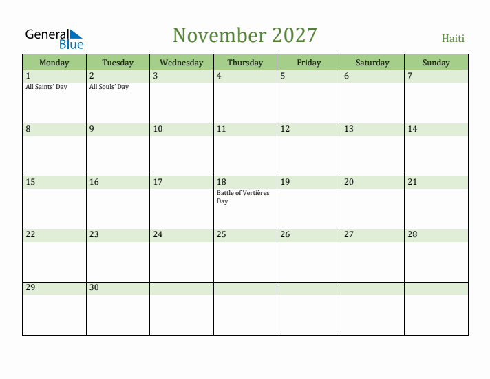 November 2027 Calendar with Haiti Holidays