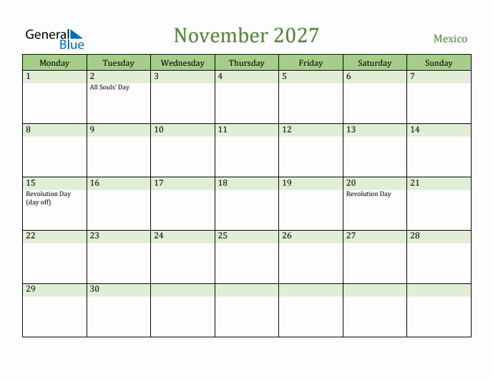 November 2027 Calendar with Mexico Holidays