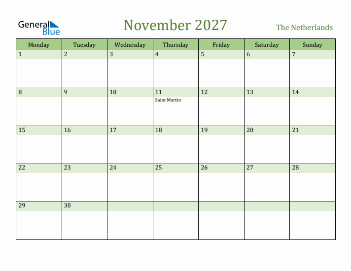 November 2027 Calendar with The Netherlands Holidays
