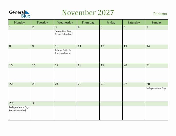 November 2027 Calendar with Panama Holidays