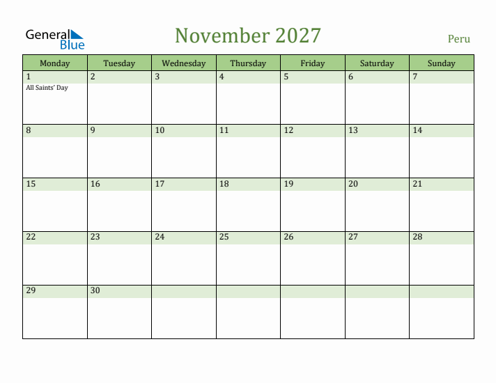 November 2027 Calendar with Peru Holidays