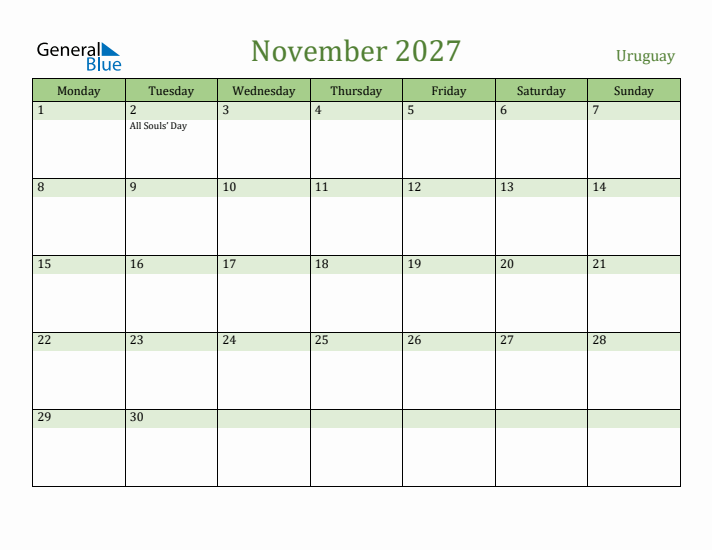 November 2027 Calendar with Uruguay Holidays
