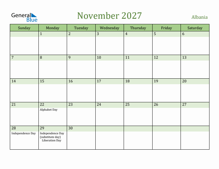 November 2027 Calendar with Albania Holidays