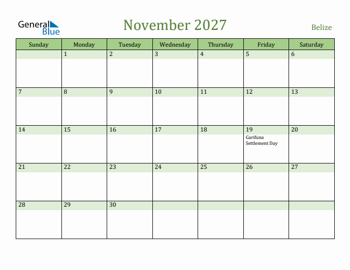 November 2027 Calendar with Belize Holidays