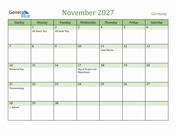 November 2027 Calendar with Germany Holidays