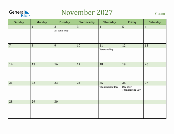 November 2027 Calendar with Guam Holidays