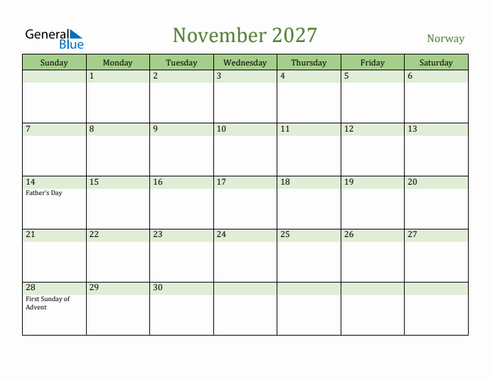 November 2027 Calendar with Norway Holidays