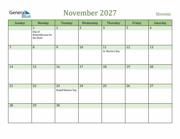 November 2027 Calendar with Slovenia Holidays