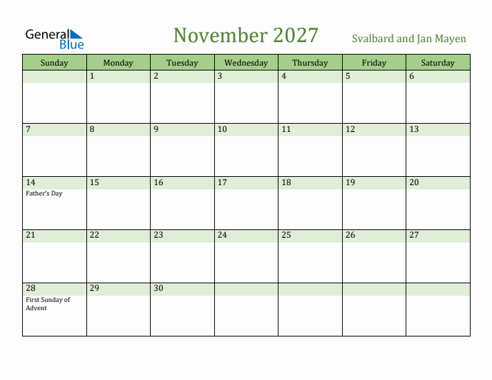 November 2027 Calendar with Svalbard and Jan Mayen Holidays