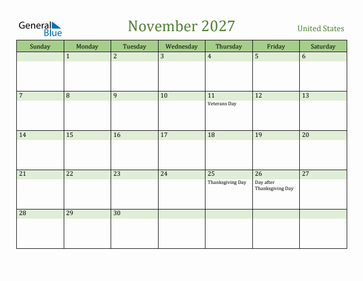 November 2027 Calendar with United States Holidays