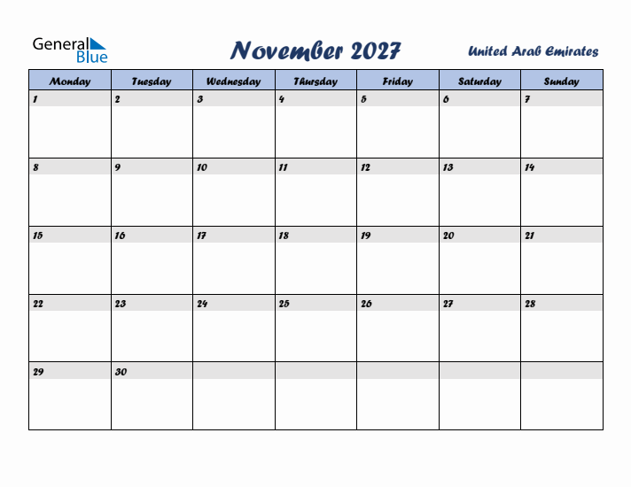 November 2027 Calendar with Holidays in United Arab Emirates
