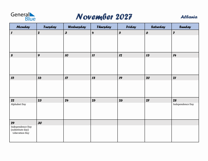 November 2027 Calendar with Holidays in Albania