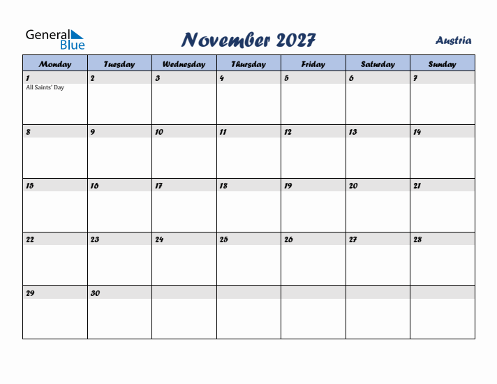 November 2027 Calendar with Holidays in Austria