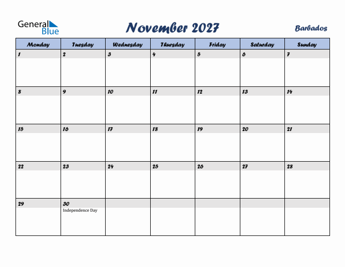 November 2027 Calendar with Holidays in Barbados