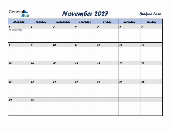 November 2027 Calendar with Holidays in Burkina Faso
