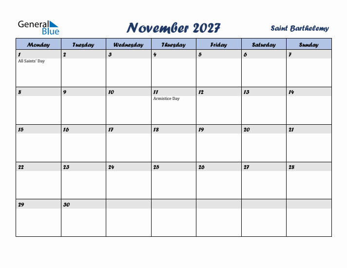 November 2027 Calendar with Holidays in Saint Barthelemy