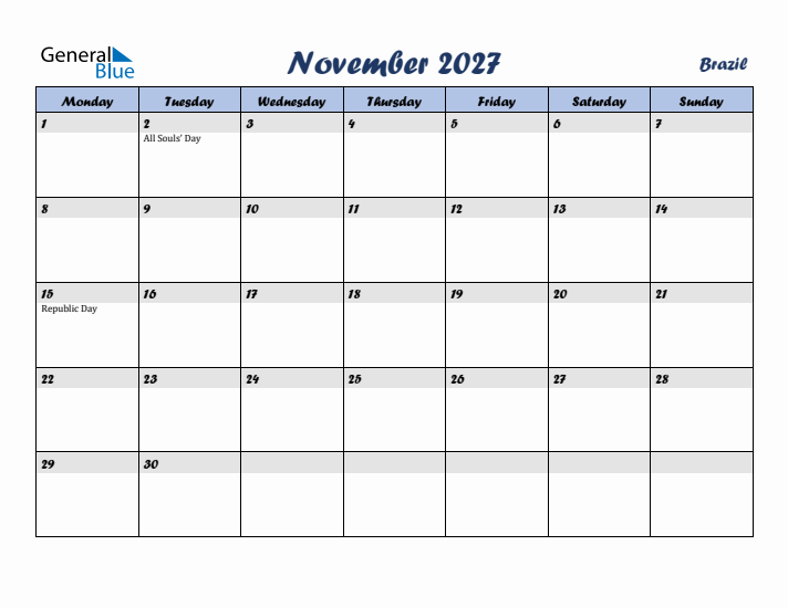 November 2027 Calendar with Holidays in Brazil