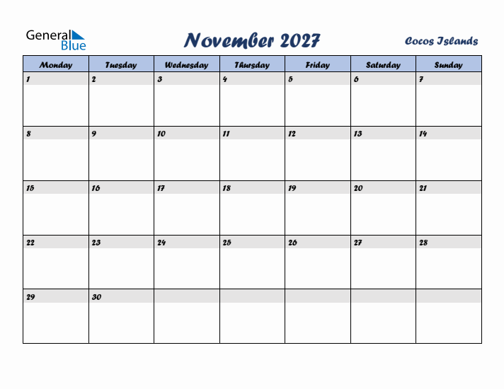 November 2027 Calendar with Holidays in Cocos Islands