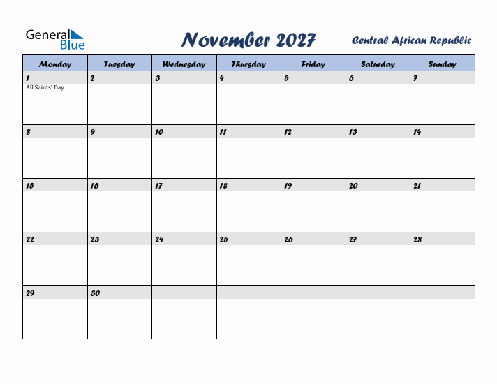 November 2027 Calendar with Holidays in Central African Republic