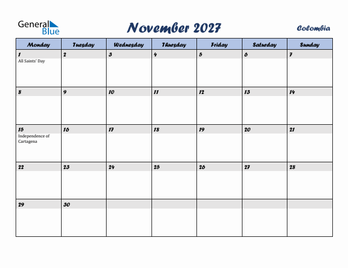 November 2027 Calendar with Holidays in Colombia