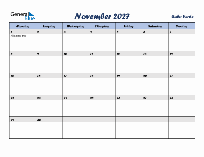 November 2027 Calendar with Holidays in Cabo Verde