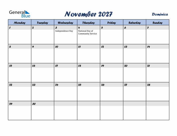 November 2027 Calendar with Holidays in Dominica