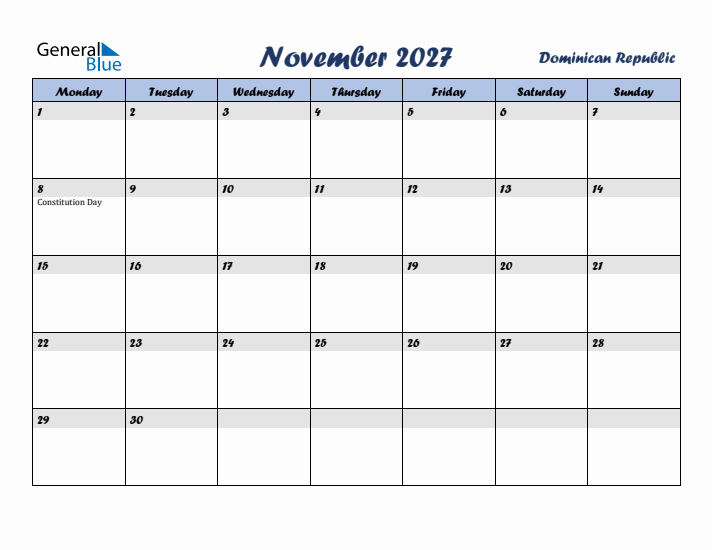 November 2027 Calendar with Holidays in Dominican Republic
