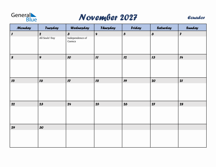 November 2027 Calendar with Holidays in Ecuador